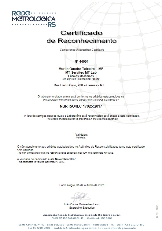 Certificado de reconhecimento - Ensaios Mecânicos