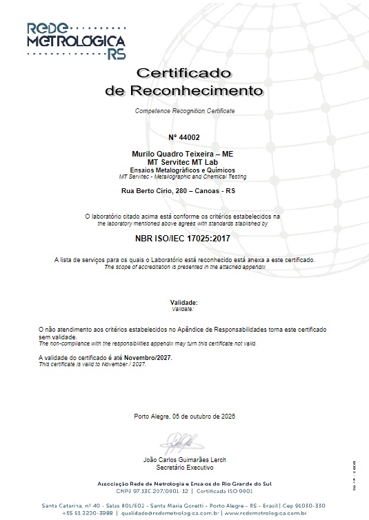 Certificado de reconhecimento - Ensaios Metalográficos e Químicos
